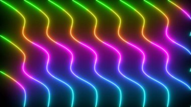 Havalı neon tasarım çizgileri animasyon arka planı. Neon tasarım çizgileri selamlama, gece kulüpleri, sosyal ağlar, pazarlama ve etkinlik kutlamaları için animasyon. Teknoloji video materyali animasyonu.