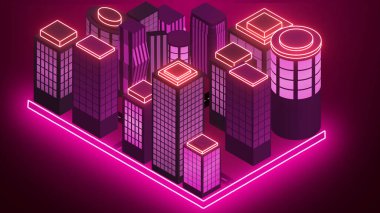 Fütürist neon Isometric Şehri. Reklam, Sosyal Ağ ve Pazarlama için soyut neon tasarım animasyon şehri. İnternet Marketi Şehir Sahneleri. Teknoloji video animasyonu.