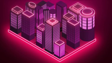 Fütürist neon Isometric Şehri. Reklam, Sosyal Ağ ve Pazarlama için soyut neon tasarım animasyon şehri. İnternet Marketi Şehir Sahneleri. Teknoloji video animasyonu.