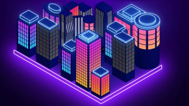 Fütürist neon Isometric Şehri. Reklam, Sosyal Ağ ve Pazarlama için soyut neon tasarım animasyon şehri. İnternet Marketi Şehir Sahneleri. Teknoloji video animasyonu.