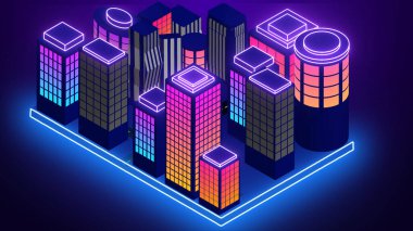 Fütürist neon Isometric Şehri. Reklam, Sosyal Ağ ve Pazarlama için soyut neon tasarım animasyon şehri. İnternet Marketi Şehir Sahneleri. Teknoloji video animasyonu.