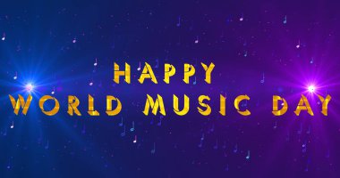 Renkli müzik arkaplanlı Mutlu Dünya Müzik Günü metin animasyonu. Soyut tasarım notaları müzik arkaplanı. Reklamlar, gece kulüpleri, DJ 'ler, sosyal medya ve parti için renk değiştiren müzik BG.