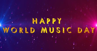 Renkli müzik arkaplanlı Mutlu Dünya Müzik Günü metin animasyonu. Soyut tasarım notaları müzik arkaplanı. Reklamlar, gece kulüpleri, DJ 'ler, sosyal medya ve parti için renk değiştiren müzik BG.