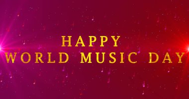 Renkli müzik arkaplanlı Mutlu Dünya Müzik Günü metin animasyonu. Soyut tasarım notaları müzik arkaplanı. Reklamlar, gece kulüpleri, DJ 'ler, sosyal medya ve parti için renk değiştiren müzik BG.