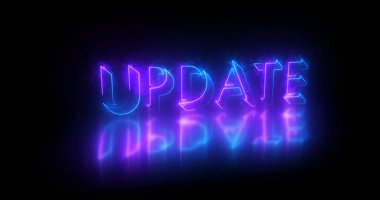 Metin canlandırmasını güncelle. Parlayan neon ışıklı neon içerikli neon renkli güncelleme metni bir afiş ve sosyal medya besleme duvar kağıdı için mükemmeldir. Teknoloji video animasyonu. Herhangi bir videoya koymak kolay.