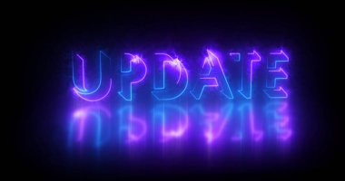 Metin canlandırmasını güncelle. Parlayan neon ışıklı neon içerikli neon renkli güncelleme metni bir afiş ve sosyal medya besleme duvar kağıdı için mükemmeldir. Teknoloji video animasyonu. Herhangi bir videoya koymak kolay.