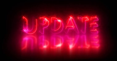 Metin canlandırmasını güncelle. Parlayan neon ışıklı neon içerikli neon renkli güncelleme metni bir afiş ve sosyal medya besleme duvar kağıdı için mükemmeldir. Teknoloji video animasyonu. Herhangi bir videoya koymak kolay.