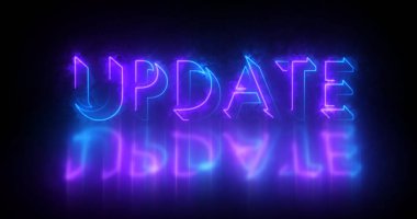 Metin canlandırmasını güncelle. Parlayan neon ışıklı neon içerikli neon renkli güncelleme metni bir afiş ve sosyal medya besleme duvar kağıdı için mükemmeldir. Teknoloji video animasyonu. Herhangi bir videoya koymak kolay.