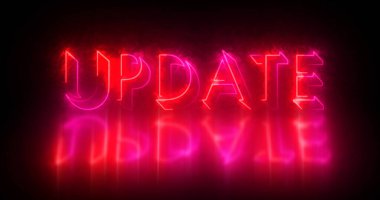 Metin canlandırmasını güncelle. Parlayan neon ışıklı neon içerikli neon renkli güncelleme metni bir afiş ve sosyal medya besleme duvar kağıdı için mükemmeldir. Teknoloji video animasyonu. Herhangi bir videoya koymak kolay.