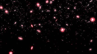 Canlı yayın, canlı sohbet ve yaşam tarzı için Emoji parçacığı. Sosyal medya emoji parçacıkları arka planda aşağı doğru hareket ediyor. Toz ışığı, hareket eden parçacıkları parlatır. Bir Soyut Parıldayan arkaplan.