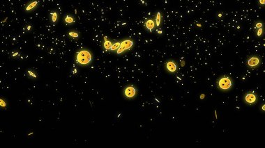 Canlı yayın, canlı sohbet ve yaşam tarzı için Emoji parçacığı. Sosyal medya emoji parçacıkları arka planda aşağı doğru hareket ediyor. Toz ışığı, hareket eden parçacıkları parlatır. Bir Soyut Parıldayan arkaplan.