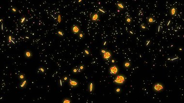 Canlı yayın, canlı sohbet ve canlı yayın için harika emoji parçacıkları. Sosyal medya arka planda aşağı doğru hareket eden harika emoji parçacıkları. Toz ışığı hareket eden parçacıkları parlaklaştırıyor. Soyut bir Parıltı BG.