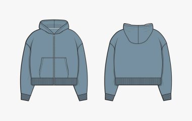 Gri kapüşonlu adamların teknik çizimi. Model kapüşonlu şablon. Ön ve arka manzara. Teknik çizim giysileri. Spor kıyafetleri, sıradan şehir tarzı. Moda tarzının izole edilmiş nesnesi..