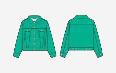 Denim ceket vektör tasarımı. Teknik çizim çizim tasarımı. Ön ve arka. Moda teknik çizim şablonu. Vektör illüstrasyonu.