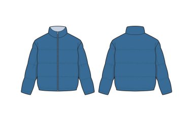 Puffer gilet vektör teknik taslak şablonu. Doldurulmuş sıcak gilet. Puffer yeleği Vektör teknik taslak Mockup şablonu