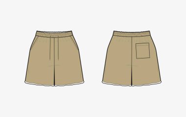  Kısa pantolon düz çizim şablon tasarımı. Teknik çizim tasarımı. Ön ve arka görünüm. Moda teknik çizim şablonu. Vektör illüstrasyonu.