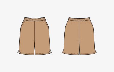  Kısa pantolon düz çizim şablon tasarımı. Teknik çizim tasarımı. Ön ve arka görünüm. Moda teknik çizim şablonu. Vektör illüstrasyonu.