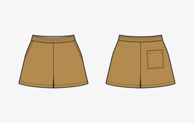  Kısa pantolon düz çizim şablon tasarımı. Teknik çizim tasarımı. Ön ve arka görünüm. Moda teknik çizim şablonu. Vektör illüstrasyonu.