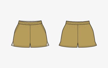  Kısa pantolon düz çizim şablon tasarımı. Teknik çizim tasarımı. Ön ve arka görünüm. Moda teknik çizim şablonu. Vektör illüstrasyonu.
