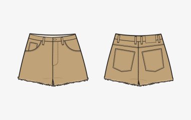  Kısa pantolon düz çizim şablon tasarımı. Teknik çizim tasarımı. Ön ve arka görünüm. Moda teknik çizim şablonu. Vektör illüstrasyonu.