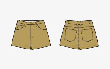  Kısa pantolon düz çizim şablon tasarımı. Teknik çizim tasarımı. Ön ve arka görünüm. Moda teknik çizim şablonu. Vektör illüstrasyonu.