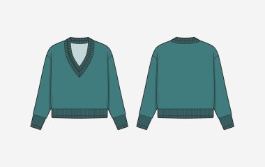 V yaka süveter tasarımı vektör tasarımı. Teknik çizim çizimi ön ve arka görüş. Moda teknik çizim şablonu. Vektör illüstrasyonu.
