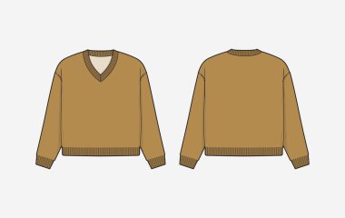 V yaka süveter şablonu vektör tasarımı. Teknik çizim çizimi ön ve arka plan tasarımı. Moda teknik çizim şablonu. Vektör illüstrasyonu.