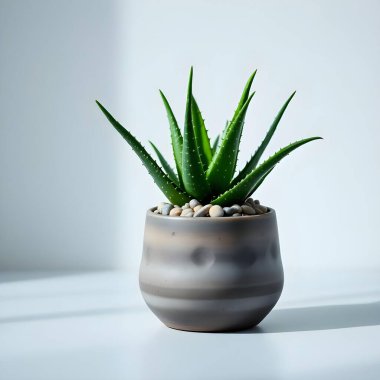 Aloe Vera 'nın bitkisi beyaz arka planda izole bir tencerede.