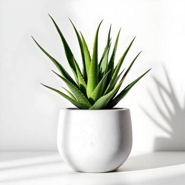 Aloe Vera 'nın bitkisi beyaz arka planda izole bir tencerede.