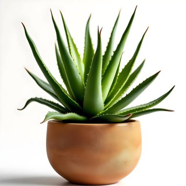Aloe Vera 'nın bitkisi beyaz arka planda izole bir tencerede.