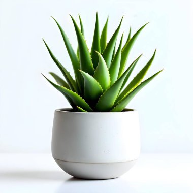 Aloe Vera 'nın bitkisi beyaz arka planda izole bir tencerede.