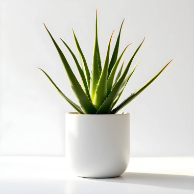 Aloe Vera 'nın bitkisi beyaz arka planda izole bir tencerede.