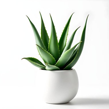 Aloe Vera 'nın bitkisi beyaz arka planda izole bir tencerede.