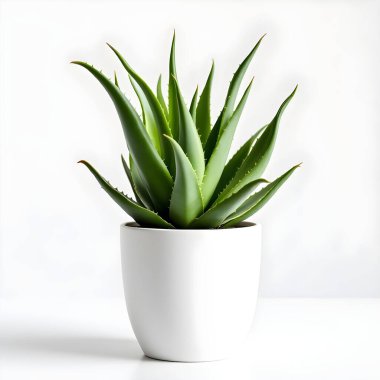 Aloe Vera 'nın bitkisi beyaz arka planda izole bir tencerede.