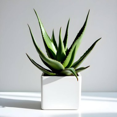Aloe Vera 'nın bitkisi beyaz arka planda izole bir tencerede.