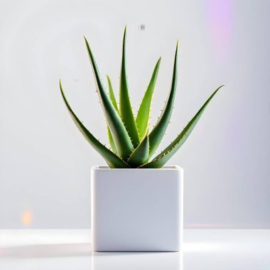 Aloe Vera 'nın bitkisi beyaz arka planda izole bir tencerede.