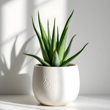 Aloe Vera 'nın bitkisi beyaz arka planda izole bir tencerede.