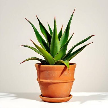 Aloe Vera 'nın bitkisi beyaz arka planda izole bir tencerede.