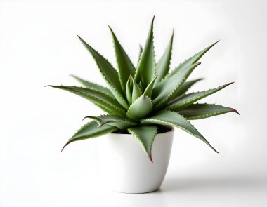 Aloe Vera 'nın bitkisi beyaz arka planda izole bir tencerede.