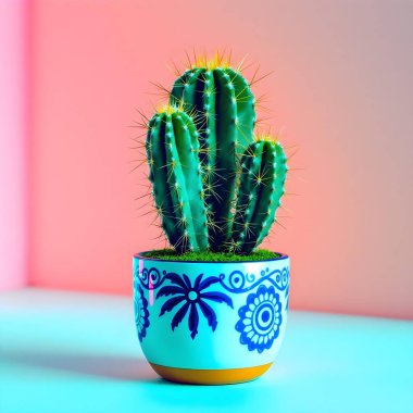 Renkli bir arka planda bir saksıda kaktüs