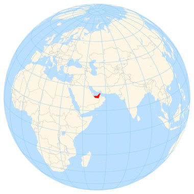 Yer bulucu harita, Asya 'daki Birleşik Arap Emirlikleri' nin yerini gösteriyor. Ülke kırmızı bir çokgenle vurgulanıyor. Küçük ülkeler de kırmızı bir daire çiziyor..