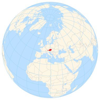 Yer bulucu harita Avusturya 'nın Avrupa' daki konumunu gösteriyor. Ülke kırmızı bir çokgenle vurgulanıyor. Küçük ülkeler de kırmızı daire ile işaretlenmiştir. Harita sarı alanları, mavi denizi, eyalet sınırlarını ve mavi ızgara çizgilerini gösteriyor..