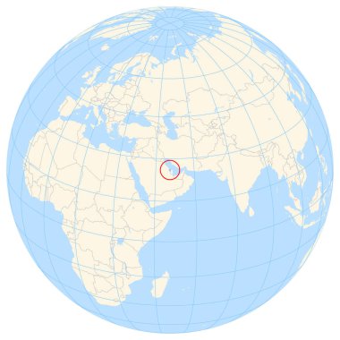 Yer bulucu harita, Bahreyn 'in Asya' daki yerini gösteriyor. Ülke kırmızı bir çokgenle vurgulanıyor. Küçük ülkeler de kırmızı daire ile işaretlenmiştir. Harita sarı kara bölgelerini, mavi denizi, eyalet sınırlarını ve mavi çizgileri gösteriyor. Lab yok.