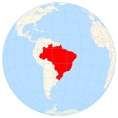 Yer bulucu harita Güney Amerika 'daki Brezilya' nın yerini gösteriyor. Ülke kırmızı bir çokgenle vurgulanıyor. Küçük ülkeler de kırmızı daire ile işaretlenmiştir. Harita sarı alanları, mavi denizi, eyalet sınırlarını ve mavi ızgara çizgilerini gösteriyor..