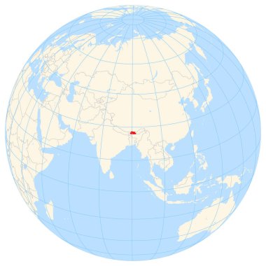 Yer bulucu harita, Bhutan 'ın Asya' daki yerini gösteriyor. Ülke kırmızı bir çokgenle vurgulanıyor. Küçük ülkeler de kırmızı daire ile işaretlenmiştir. Harita sarı kara bölgelerini, mavi denizi, eyalet sınırlarını ve mavi çizgileri gösteriyor. Etiket yok