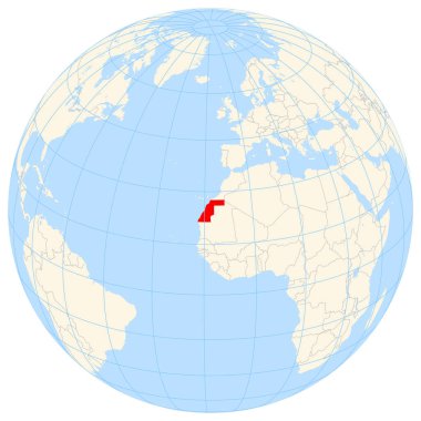 Yer bulucu harita Afrika 'daki Batı Sahra' nın yerini gösteriyor. Ülke kırmızı bir çokgenle vurgulanıyor. Küçük ülkeler de kırmızı bir daire çiziyor..