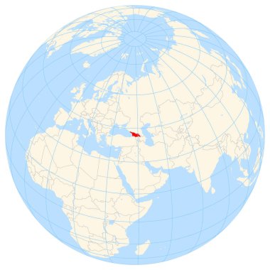 Yer bulucu harita, Gürcistan 'ın Asya' daki konumunu gösteriyor. Ülke kırmızı bir çokgenle vurgulanıyor. Küçük ülkeler de kırmızı daire ile işaretlenmiştir. Harita sarı alanları, mavi denizi, eyalet sınırlarını ve mavi ızgara çizgilerini gösteriyor..