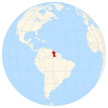 Yer bulucu harita Güney Amerika 'daki Guyana' nın yerini gösteriyor. Ülke kırmızı bir çokgenle vurgulanıyor. Küçük ülkeler de kırmızı daire ile işaretlenmiştir. Harita sarı alanları, mavi denizi, eyalet sınırlarını ve mavi ızgara çizgilerini gösteriyor..