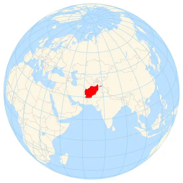 Yer bulucu harita Afganistan 'ın Asya' daki yerini gösteriyor. Ülke kırmızı bir çokgenle vurgulanıyor. Küçük ülkeler de kırmızı daire ile işaretlenmiştir. Harita sarı alanları, mavi denizi, eyalet sınırlarını ve mavi ızgara çizgilerini gösteriyor..