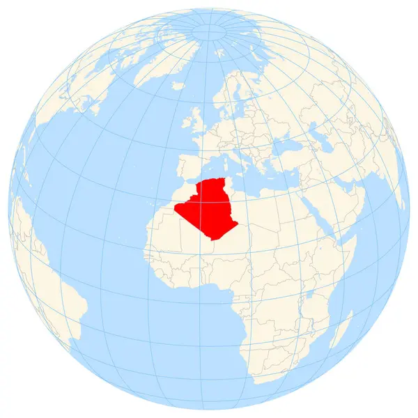 Yer bulucu harita, Cezayir 'in Afrika' daki yerini gösteriyor. Ülke kırmızı bir çokgenle vurgulanıyor. Küçük ülkeler de kırmızı daire ile işaretlenmiştir. Harita sarı alanları, mavi denizi, eyalet sınırlarını ve mavi ızgara çizgilerini gösteriyor..